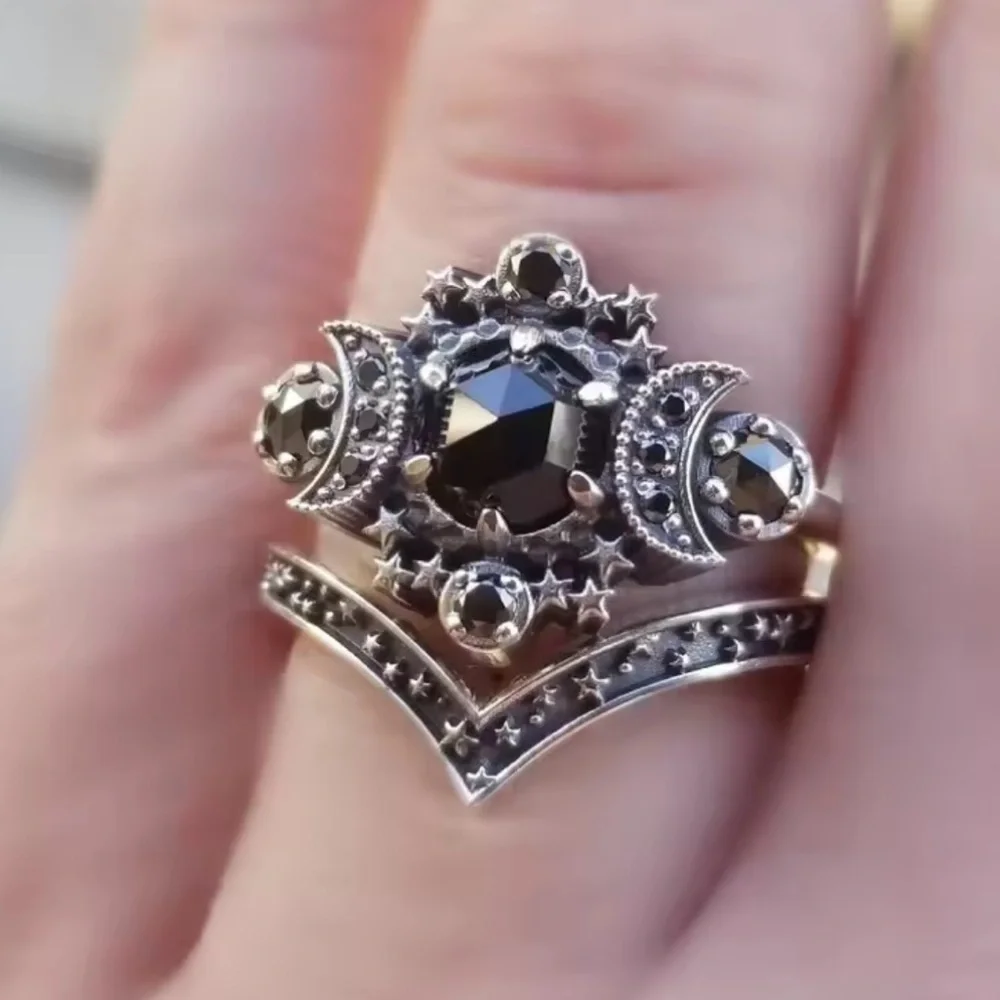 Vuntage Gothic Celestial  Universe Moon Ring Set